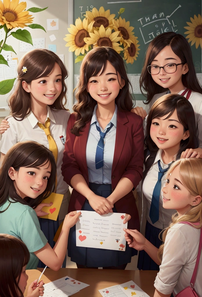 Thanks to the teacher, A group of students surrounded a teacher, Holding flowers and cards, The teacher accepted with a smile, The classroom is filled with thank you notes and artwork from students, A large display on the wall shows students' gratitude to their teachers