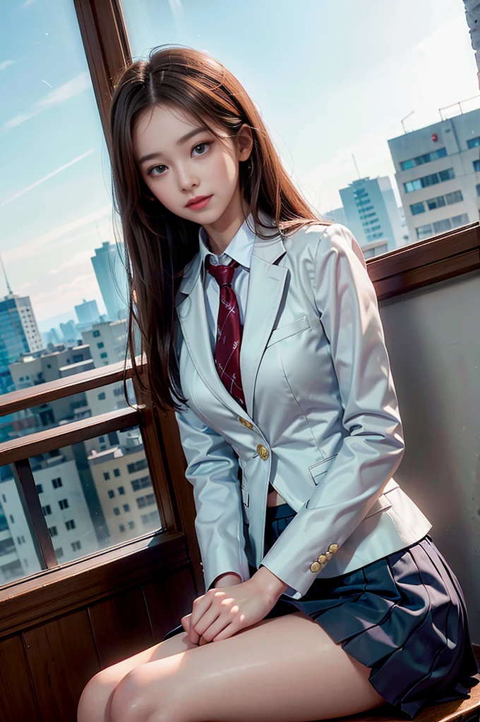 1 rapariga、((Beautiful girl sitting in classroom))、long leges、Crossed legs、((A smile))、moderately sized breasts,、(8K、RAW photography、top-quality、tmasterpiece:1.2)、(hentail realism、photoRealstic:1.37)、Student clothes、((Girl in white blazer、Open before the uniform)), Badge on the chest、、Translucent white shirt、、red necktie、、flare skirt,Narrow check,((Wearing a skirt)),Light chestnut long straight hair,,(skyscrapers outside window)、((panties are visible)),((The skirt soars in the wind))、