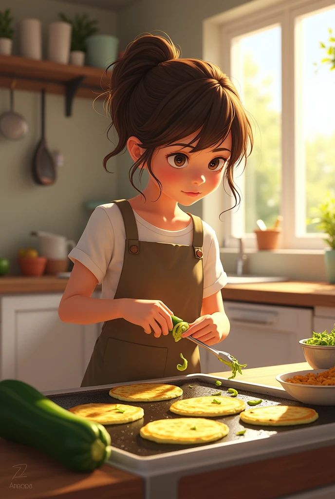 A girl fries zucchini pancakes