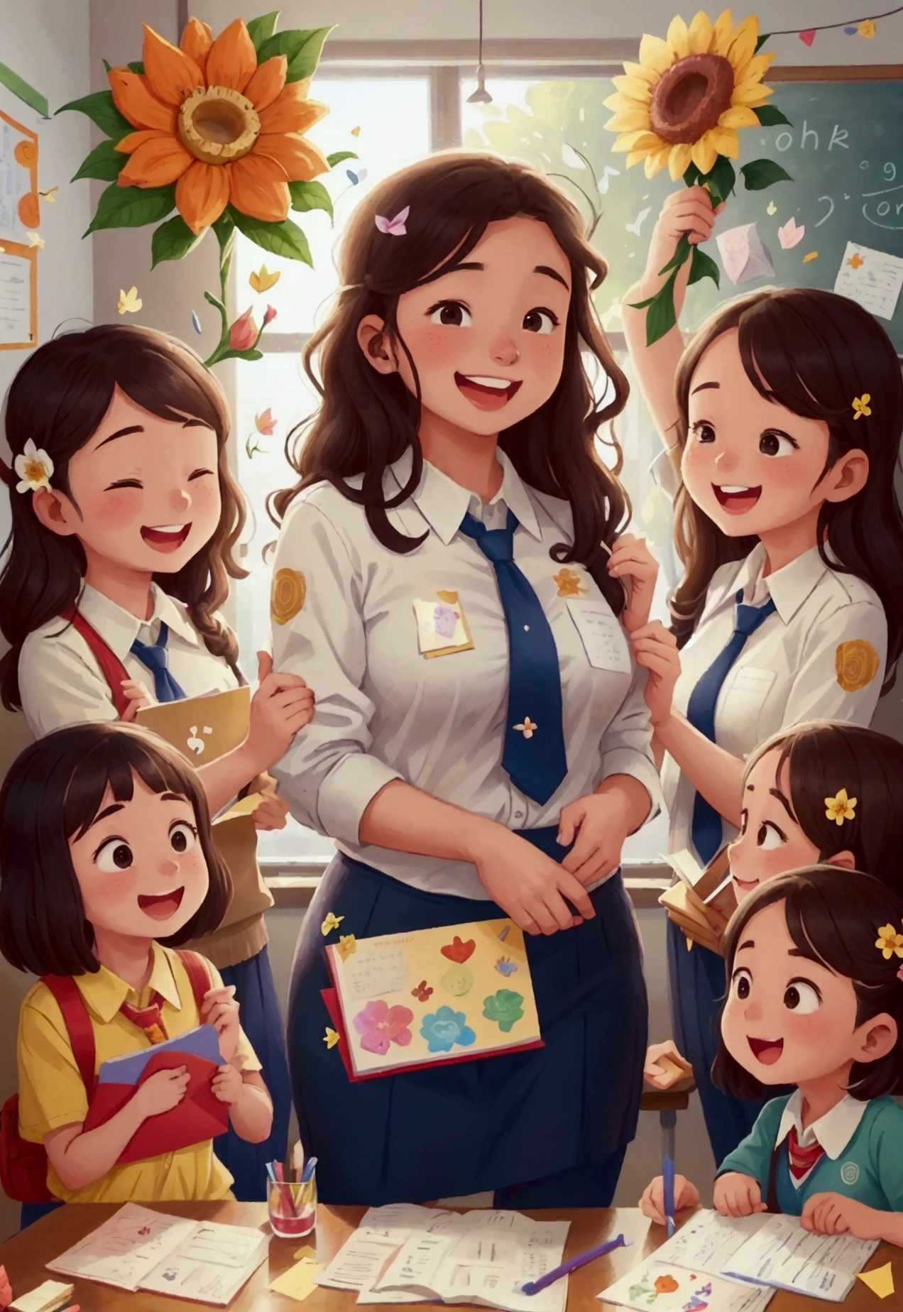 Thanks to the teacher, A group of students surrounded a teacher, Holding flowers and cards, The teacher accepted with a smile, The classroom is filled with thank you notes and artwork from students, A large display on the wall shows students' gratitude to their teachers