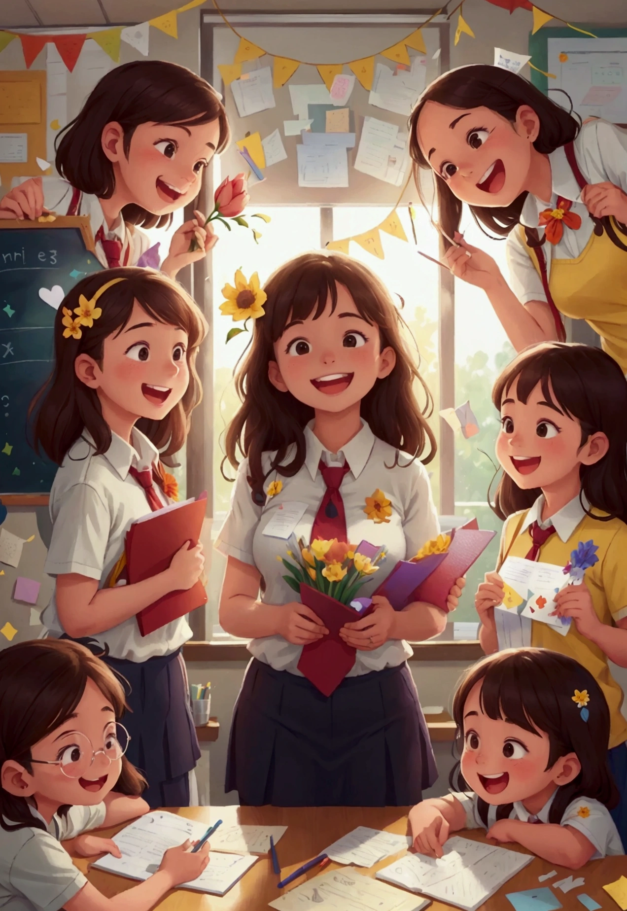 Thanks to the teacher, A group of students surrounded a teacher, Holding flowers and cards, The teacher accepted with a smile, The classroom is filled with thank you notes and artwork from students, A large display on the wall shows students' gratitude to their teachers