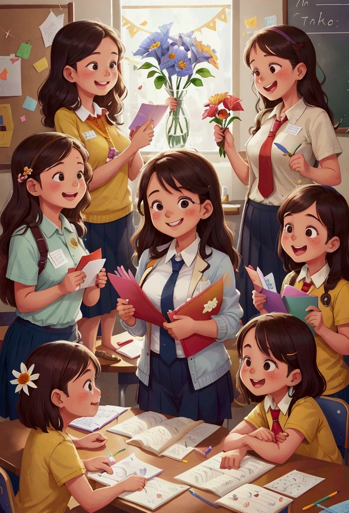 Thanks to the teacher, A group of students surrounded a teacher, Holding flowers and cards, The teacher accepted with a smile, The classroom is filled with thank you notes and artwork from students, A large display on the wall shows students&#39; gratitude to their teachers