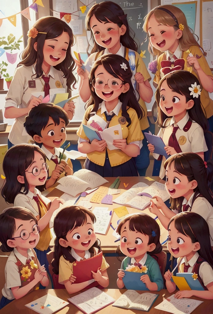 Thanks to the teacher, A group of students surrounded a teacher, Holding flowers and cards, The teacher accepted with a smile, The classroom is filled with thank you notes and artwork from students, A large display on the wall shows students' gratitude to their teachers