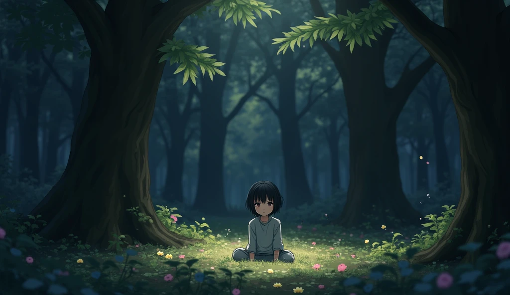 a girl with black short hair, sitting in an enchanted forest, In the style of Makoto Shinkai。master piece, ultra detail, precision, ultra-realistic,
