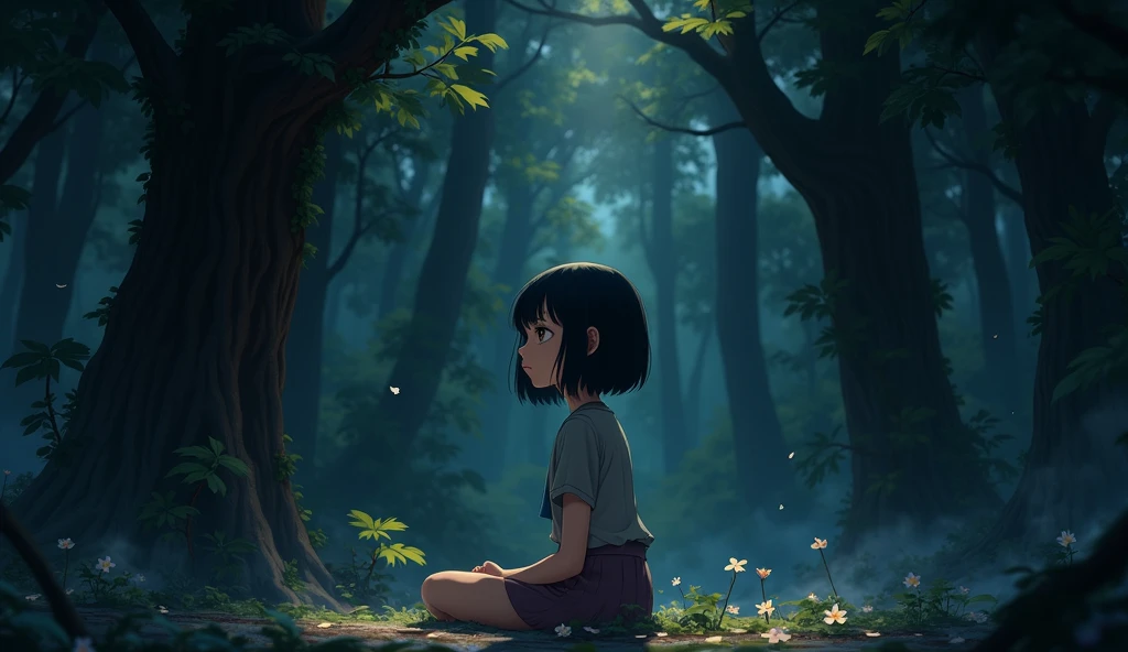 a girl with black short hair, sitting in an enchanted forest, In the style of Makoto Shinkai。master piece, ultra detail, precision, ultra-realistic,