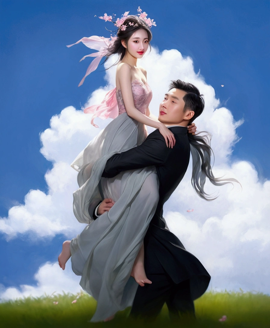 A gentle and lovely Chinese beautiful woman with her husband, delicate sexy collarbone, charming goose egg face, double eyelids, smart peach blossom eyes, pink lips, small upturned nose, bare shoulders, focused face, face close-up, ultra HD, super detail, full body photo, ultra-thin translucency, silver silk colored hair
