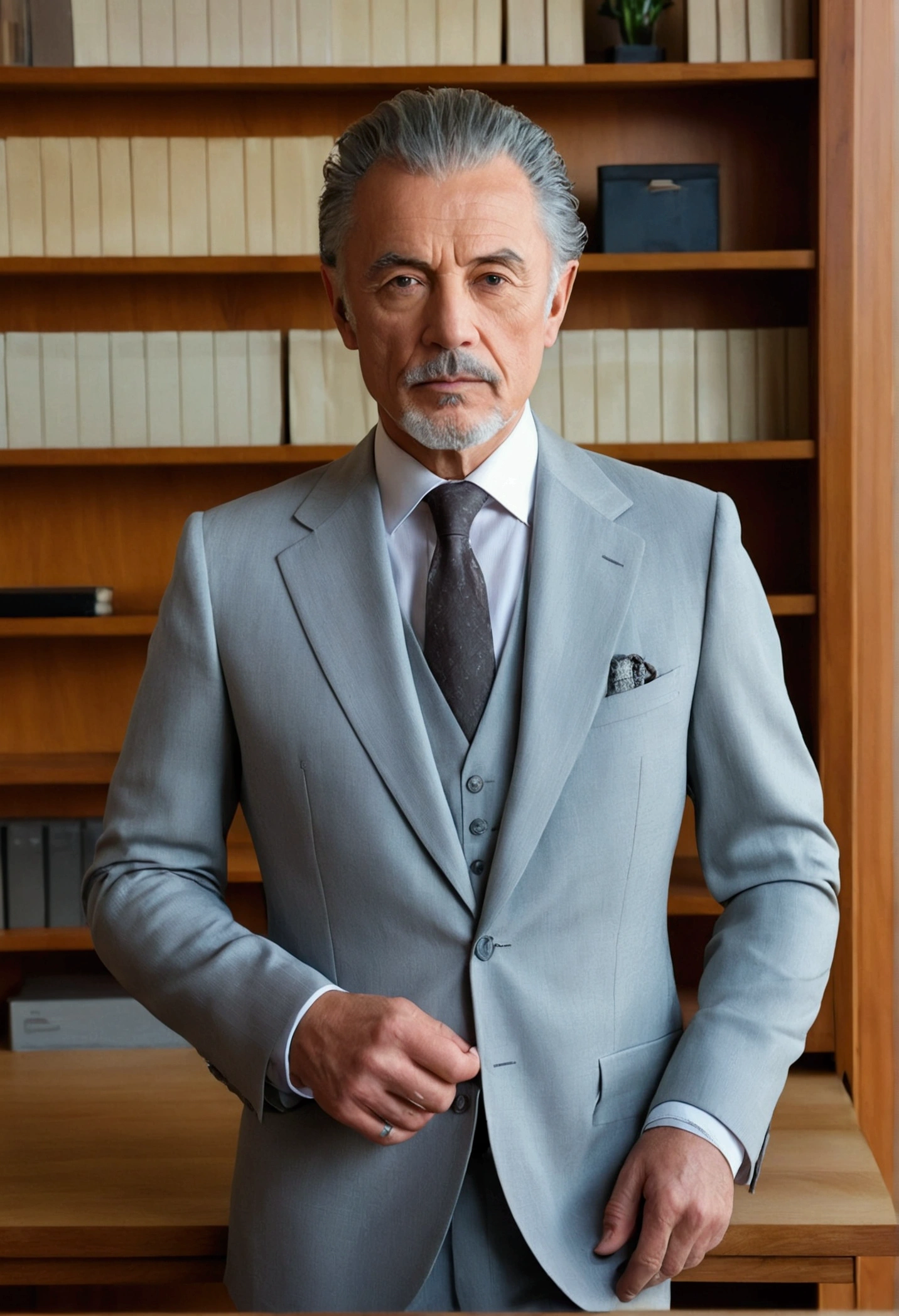 A man with a mature appearance (50 years) with light grey three-piece suit attire, The hair looks very short, almost shaved.. he stands to the side of a wooden desk, Behind a bookshelf. The environment around him is a modern office, bright with light, the man's impressive appearance looks majestic, Impressive realism.