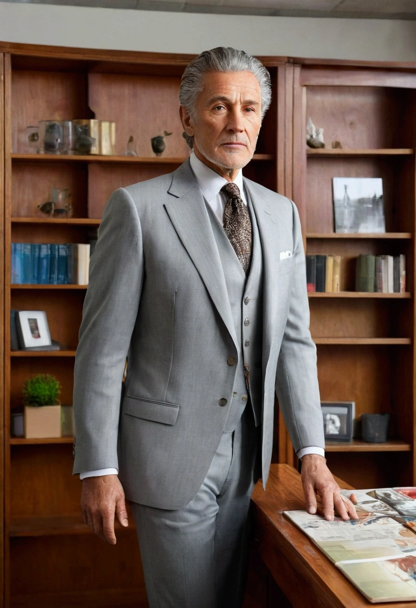 A man with a mature appearance (50 years) with light grey three-piece suit attire, The hair looks very short, almost shaved.. he stands to the side of a wooden desk, Behind a bookshelf. The environment around him is a modern office, bright with light, the man's impressive appearance looks majestic, Impressive realism.