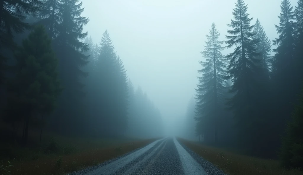 Misty high forest scenery, road, gravel road, misty forest, dark misty forest background, gray forest background, dark pine trees, forested, soft forest background, gray forest in the background, misty forest scene, vast forest, photo nebula 8k, Dark fog colors