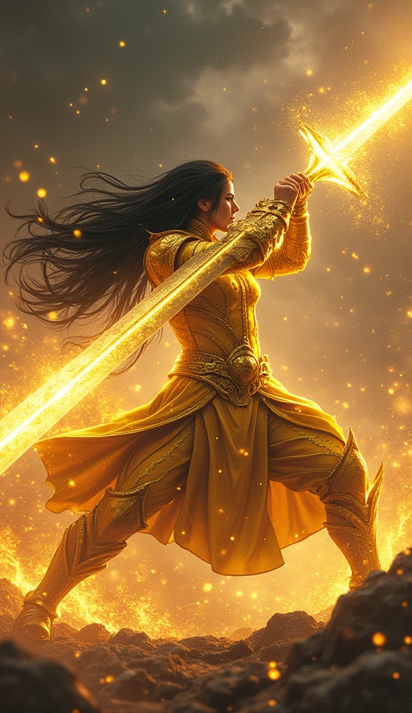 A dynamic scene of a golden-furred Vortex with long black hair, fiercely wielding a large, ornate sword. The character's golden armor glows with a fierce light as they execute a powerful, sweeping sword attack. The blade of the sword shimmers with magical energy, leaving a trail of luminous sparks in its wake. The long black hair flows dramatically with the movement, adding to the sense of motion and power. The background is a stormy, dark sky lit up by bursts of magical energy and lightning, emphasizing the intensity of the battle. The scene captures the raw energy and strength of Vortex in action, creating a breathtaking spectacle of light and motion.











