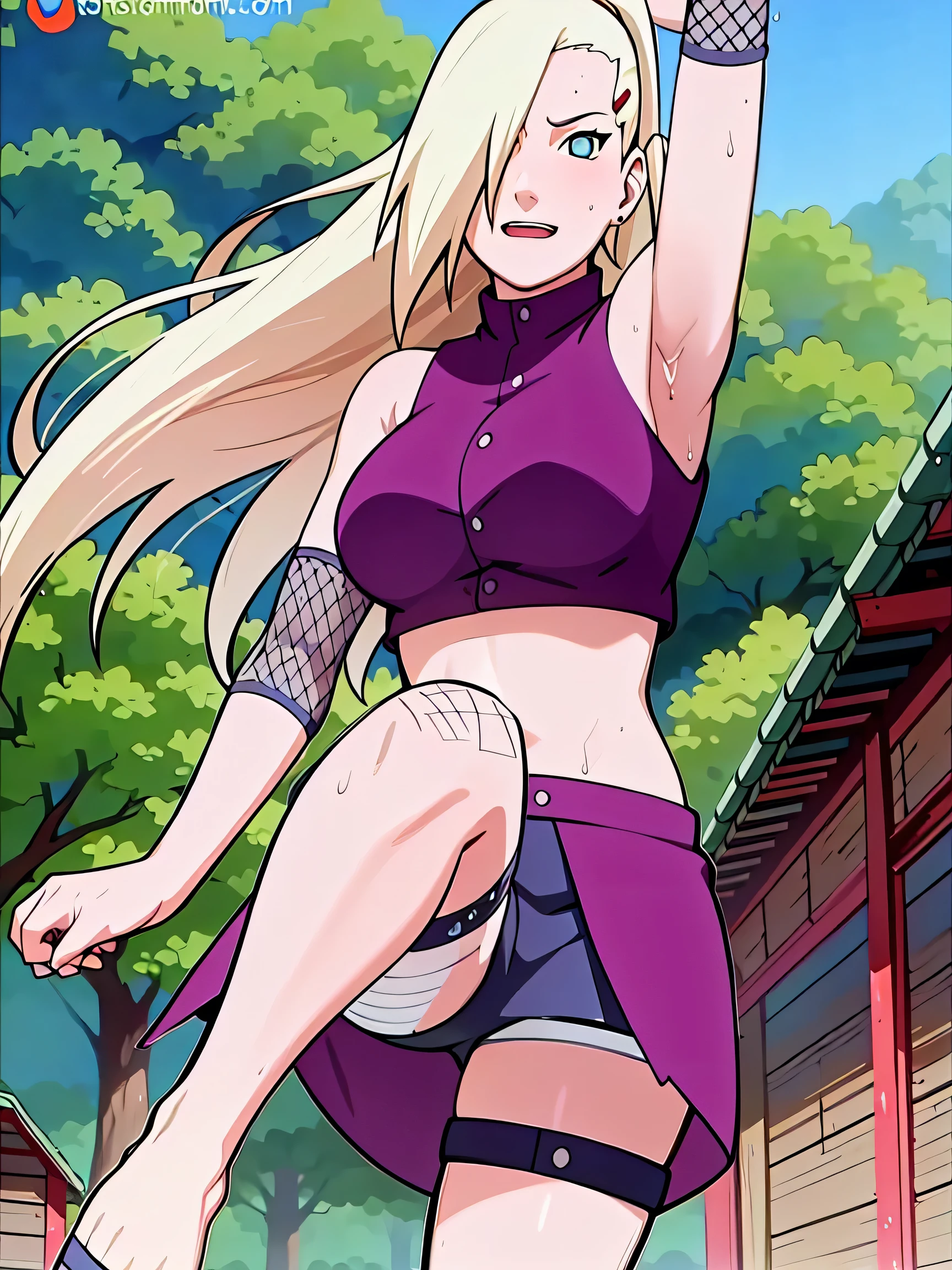 Ino Yamanaka, charming, Groin, cowboy shoot, Extraordinarily detailed face,In the forest, sunny day, Daytime, upper body view, anime style, alone, House details, Blonde, ((One eye is covered with fur., Hair over the eyes)), Medium bust, Belly button, looking at the audience, ( curved body), hidden eyes, smile, open mouth, very happy, high, Hair clips, Looks sharp, Sharp face, Sharp eyes, cool colors,Knees up,Beautiful legs,taking a shower((Beautiful nipples, Hard nipple, Medium ,Show your legs,Soaking wet, Leg lift, Spread your legs,blushing)), jump, ความละเอียดhigh, best quality, sexy,Leg liftโชว์เป้า, Dark purple set,see full body