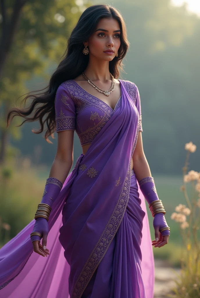 Saree, 1girl, solo, long hair, black hair, long sleeves, traditional, dress, jewelry, earrings, outdoors, blurry, looking to the side, purple dress, realistic, gloves