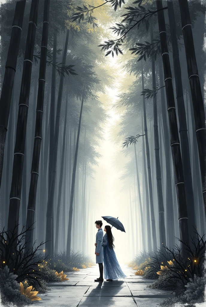dynamic ink painting of a bamboo forest, in black and white,monochrome, great art, Great sense of depth, ground level shot, The most beautiful bamboo forest in the world, Bamboo leaves shining through the rain, officer\(pale blue\) with a slightly cloudy sky, beautiful woman\(ancient japanese noble, beautiful kimono, Beautiful long black hair\) looking up at the officer holding an umbrella,soft rain, Fireflies flying around, Bamboo leaves are placed three-dimensionally in the foreground, long distance shooting