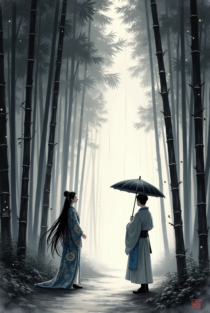 dynamic ink painting of a bamboo forest, in black and white,monochrome, great art, Great sense of depth, ground level shot, The most beautiful bamboo forest in the world, Bamboo leaves shining through the rain, officer\(pale blue\) with a slightly cloudy sky, beautiful woman\(ancient japanese noble, beautiful kimono, Beautiful long black hair\) looking up at the officer holding an umbrella,soft rain, Fireflies flying around, Bamboo leaves are placed three-dimensionally in the foreground, long distance shooting