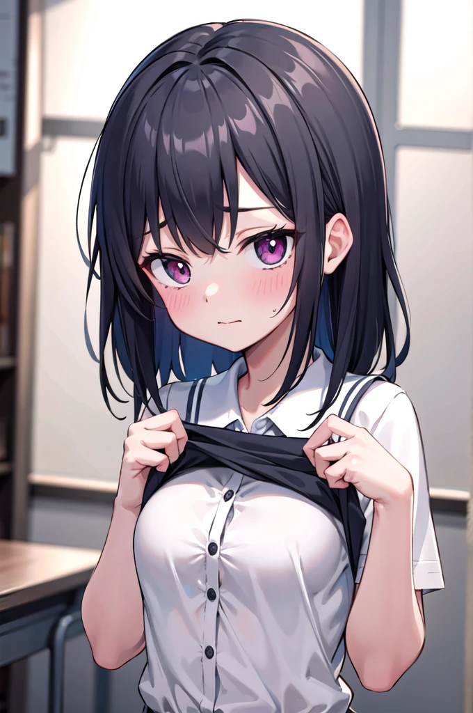 1girl, black medium hair, tareme, (upset:0.7), (light smile:0.7), blush, school uniform, blouse, brdrop, shirt lift,
(masterpiece), best quality, high resolution, extremely detailed, detailed background, perfect lighting, 