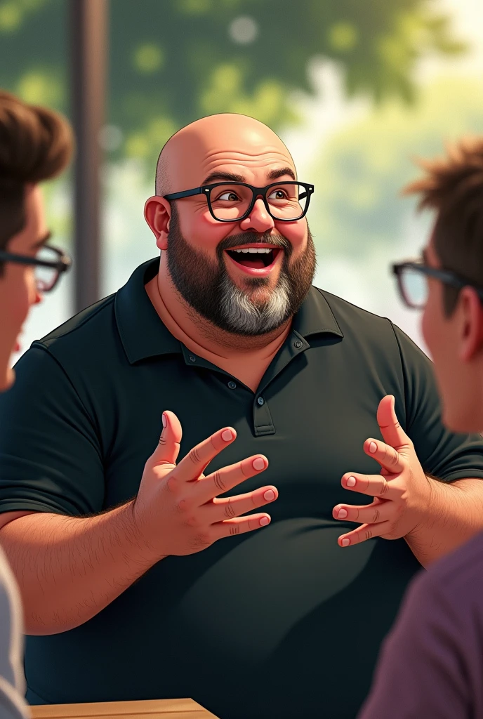 Careca, gordinho pequeno com aparelho 8Create a prompt for a drawing: Draw a chubby man with a beard wearing a black shirt, engaged in conversation. Careca, barba pequena e que usa aparelhos