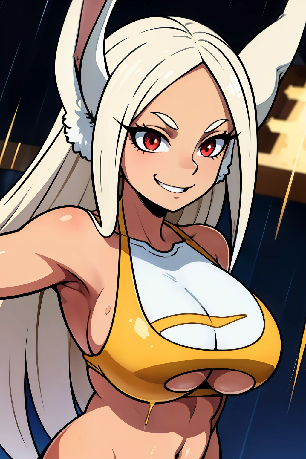 Cute girls,round red eyes, White hair、rabbit ears,sexy、smiling,Medium to long straight hairstyle、(Bigboobs,she is wearing a gold swimsuit,she is wearing a gold swimsuit,In a rental house,de pie,evening,it was raining outside,Upper body is wet.,whole body,she is wearing a gold swimsuit,gold swimsuit,sexy,huge breasts