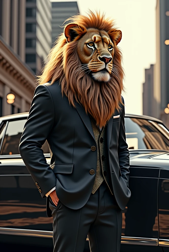 Lion with suit and stand next to a lucuary car