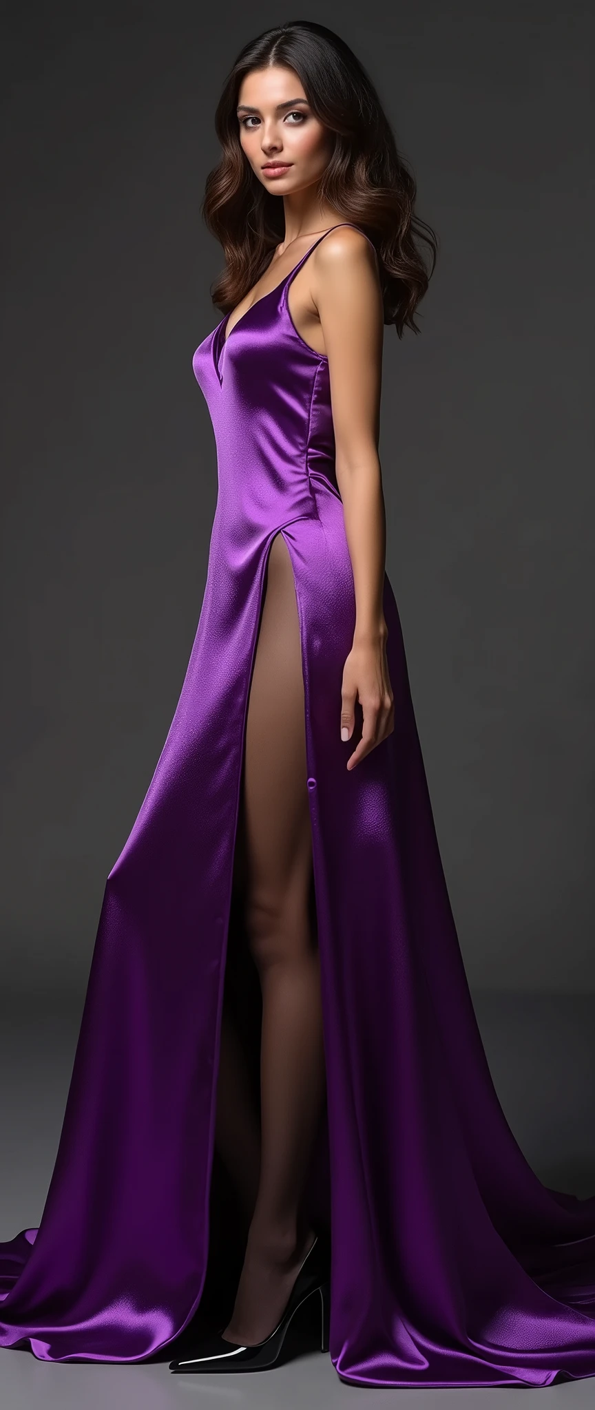 (((masterpiece))), (((Highest quality: 1.4))), ((Super detailed: 1.4)) ,　Detailed eyes、Detailed face, Detailed mouth, Purple shiny satin dress、Long dress、Slit up to the thigh、(Ultra-realistic pantyhose), Pantyhose-clad legs are visible through the slit、High heels、