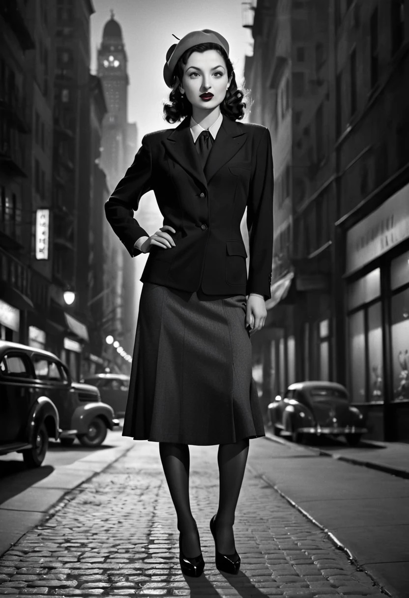 filmnoir1944, 1940s style,(monochrome).(rule of thirds),((hyper-realistic illustration:1.4)) Beautiful 27 yo woman, brunette, 1940s fashion, mascara, lipstick, slim. beret, blazer, blouse, long skirt, pantyhose, high heels. dark mood, single light source, wide angle shot, dark city, film grain. Masterpiece, best quality(highly detailed:1.2),(detailed face and eyes:1.2), depth of field, 8k wallpaper, natural lighting, core shadows, high contrast, bokeh.