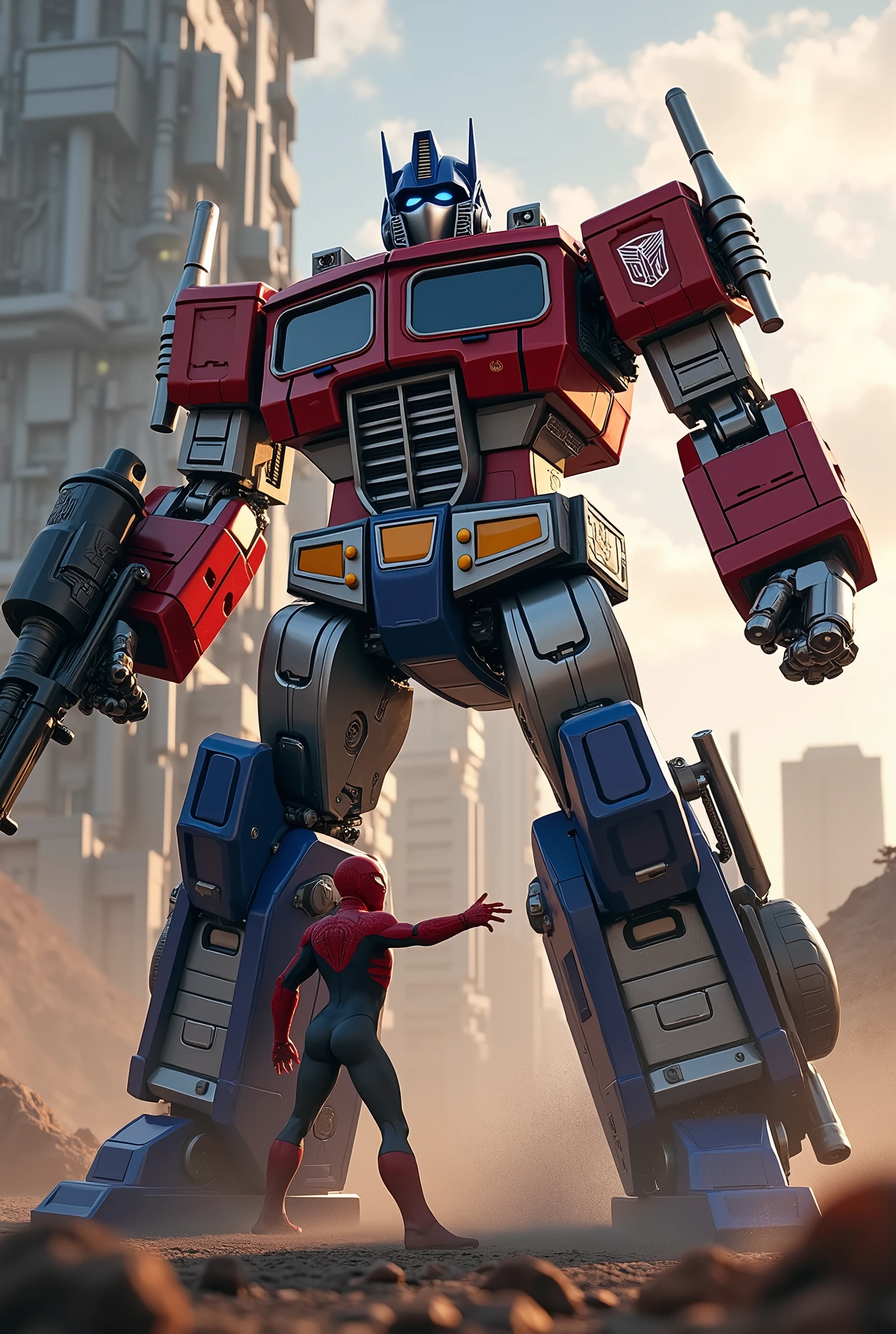 1 giant robot Optimus Prime, 1 human character Ekkarit Masiha, running, Transformers, armored dragon, Ekkarit Masiha with Spider-Man face, detailed mechanical parts, advanced futuristic technology, stunning cinematic lighting, epic dramatic composition, highly detailed, masterpiece, photorealistic, 8k, hyper realistic