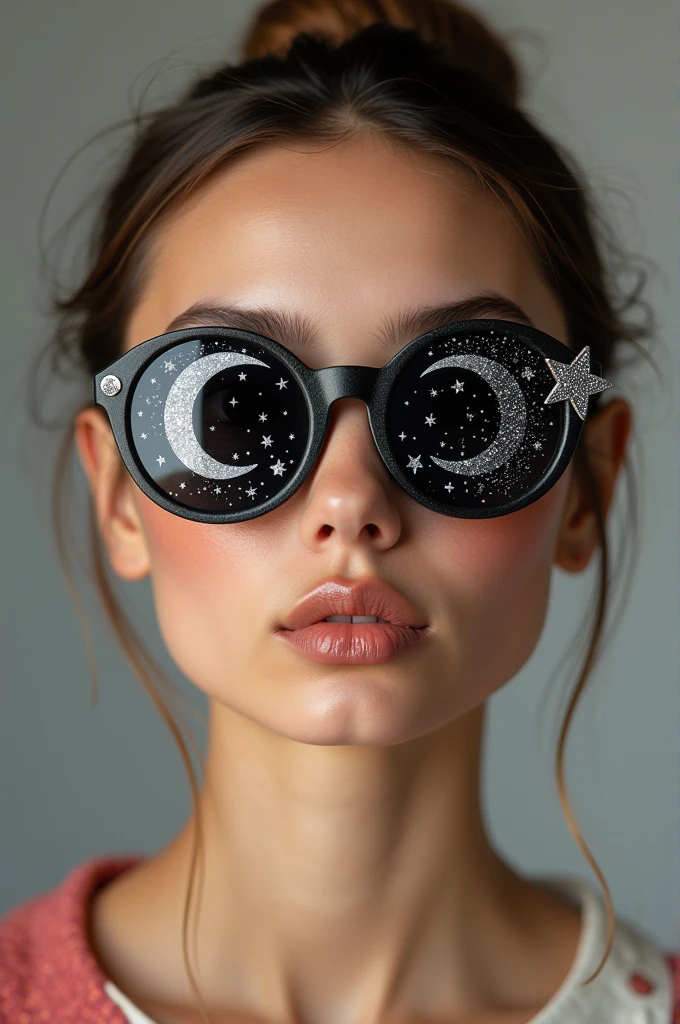 The model is wearing glass sunglasses with stars and the moon on the glass