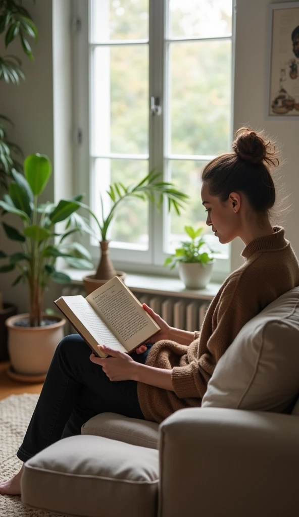 A modern living room with a person sitting comfortably on a couch, reading a book titled 'Meditations.' The room is cozy and filled with natural light. There are plants and minimalistic decor, creating a peaceful environment. This setting reflects the idea of integrating Stoic principles into everyday life for inner peace and wisdom.
