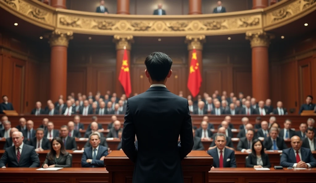 A young Asian man in a suit is speaking to politicians from various countries sitting in their seats in a huge lecture hall.,Politicians from all over the world are looking at men,No flags appear