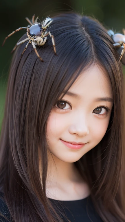 Big eyes,A shy smile, Girl caught in a spider's web,High resolution,Highest quality,Realistic,Very detailed,Fearful expression,Pale skin,Black Hair,Delicate features,Beautiful attention to detail,Beautiful lip detail,Long eyelashes,The spider web pattern that covers her body,Forest Background,Speckled sunlight,Soft and warm lighting,Contrasting colors,Spooky atmosphere.