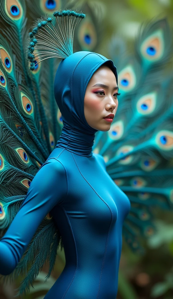 The beautiful Chinese asian adult girl with beautiful cheeks wears peacock lycra turtleneck zentai unitard catsuit with large peacock tail and peacock lycra elastane stretchy dancewear inner hijab-like zentai open face hood covered with peacock feather.She is happy.She always put real peacock eyeshadow makeup that are made of blue colour makeup pen.She acts a peacock.She is at Jungle.When she opens her tail beautiful.