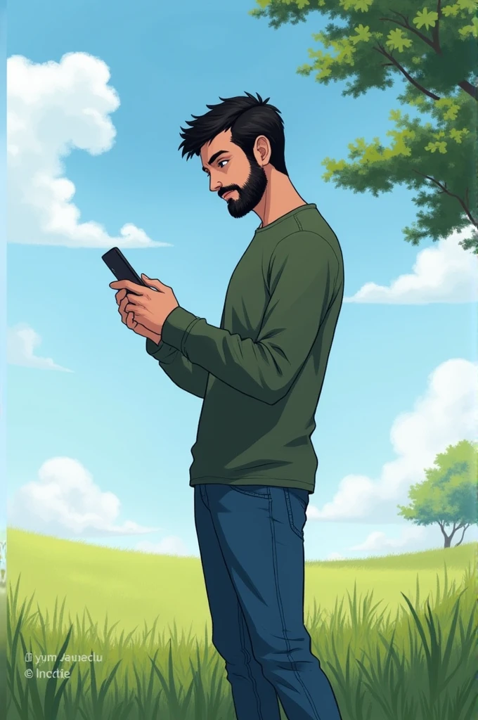 1boy, male_focus, facial_hair, solo, outdoors, pants, sky, phone, black_hair, tree, cloud, beard, holding, shirt, day, jeans, denim, standing, grass, holding_phone, long_sleeves, blue_sky, short_hair, cellphone, stubble, blue_pants