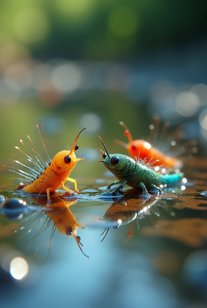colorful, highly detailed macro shot of the complicated miniature  life in a puddle