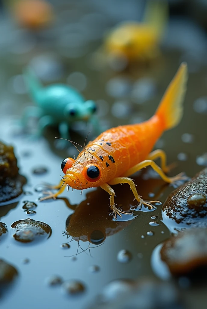 colorful, highly detailed macro shot of the complicated miniature  life in a puddle