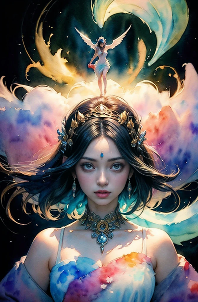 (Tabletop, Highest qualityの, Highest quality, Official Art, (beautifully、aesthetic:1.4), (Watercolor:1.4) ), (Izanami 1.5), 日本のgod話の女god, Majestic beauty, 創造の女god、生命の女god、Typically、((((Typically))))、Reincarnation Support, god'Grace, Gentle and meditative expressions, Flowing, celestial garments, Shine、Created all the landscapes and worlds on Earth, A dazzling dance of light, Whispers of Ancient Legends