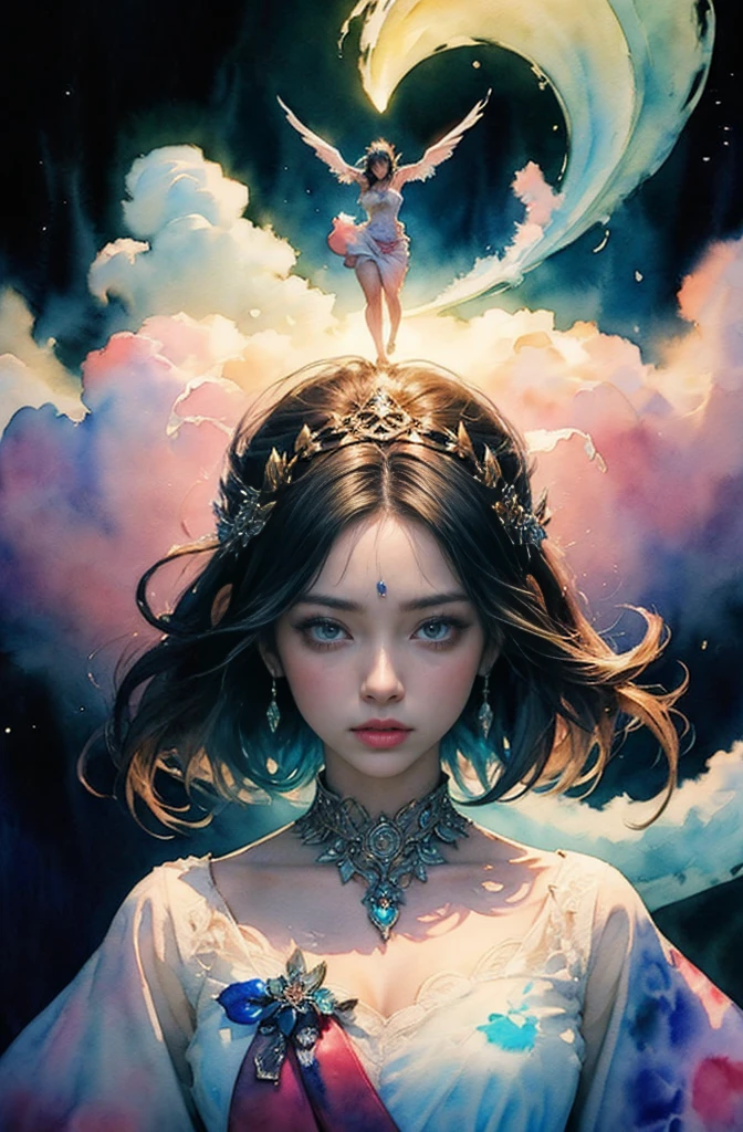 (Tabletop, Highest qualityの, Highest quality, Official Art, (beautifully、aesthetic:1.4), (Watercolor:1.4) ), (Izanami 1.5), 日本のgod話の女god, Majestic beauty, 創造の女god、生命の女god、Typically、((((Typically))))、Reincarnation Support, god'Grace, Gentle and meditative expressions, Flowing, celestial garments, Shine、Created all the landscapes and worlds on Earth, A dazzling dance of light, Whispers of Ancient Legends
