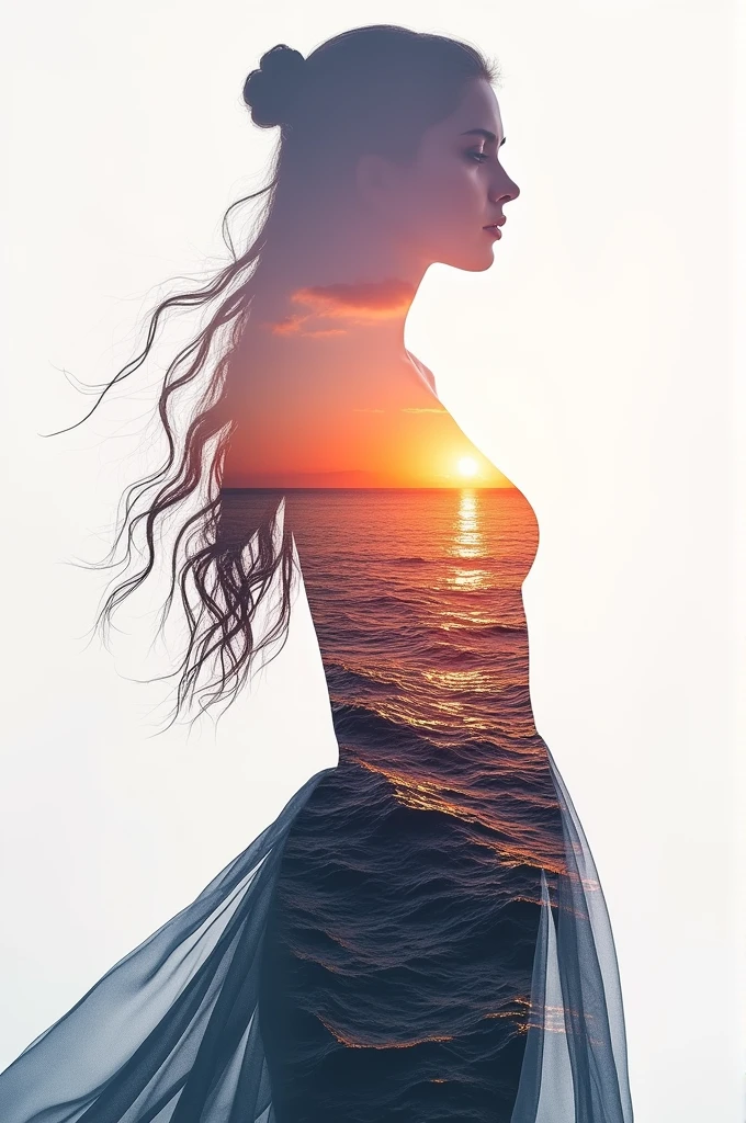 high quality, 8K Ultra HD, A beautiful double exposure that combines an goddess silhouette with sunset coast, sunset coast should serve as the underlying backdrop, with its details incorporated into the goddess , crisp lines, The background is monochrome, sharp focus, double exposure, by yukisakura, awesome full color,