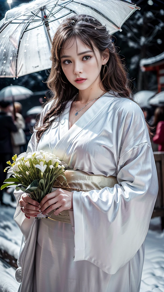 (RAW shooting, Photoreal:1.5, 8K, highest quality, masterpiece, ultra high resolution), ((((heavy snow, Blizzard)))), Highly detailed skin and facial textures:1.3, perfect dynamic composition:1.2, (In front of a shrine at night in a modern city, expression of sadness:1.0, Tears are flowing:1.0, cry with a broken heart:1.0), Slim office lady wet in the rain:1.3, cowboy shot, Fair skin:1.2, sexy beauty:1.1, perfect style:1.2, beautiful and aesthetic:1.1, very beautiful face:1.2, water droplets on the skin, (rain drips all over my body:1.2, wet body:1.2, wet hair:1.3), (Professional kimono dressing:1.1, Holding a bouquet of wet lilies:1.2, Wearing a wet silver kimono correctly:1.3), (Medium chest, Bra see-through, Chest gap),  (Eyes that feel beautiful eros:0.9, Too erotic:0.9, Bewitching:0.9), necklace, earrings, bracelet, wedding ring, Highly detailed hand and finger expressions