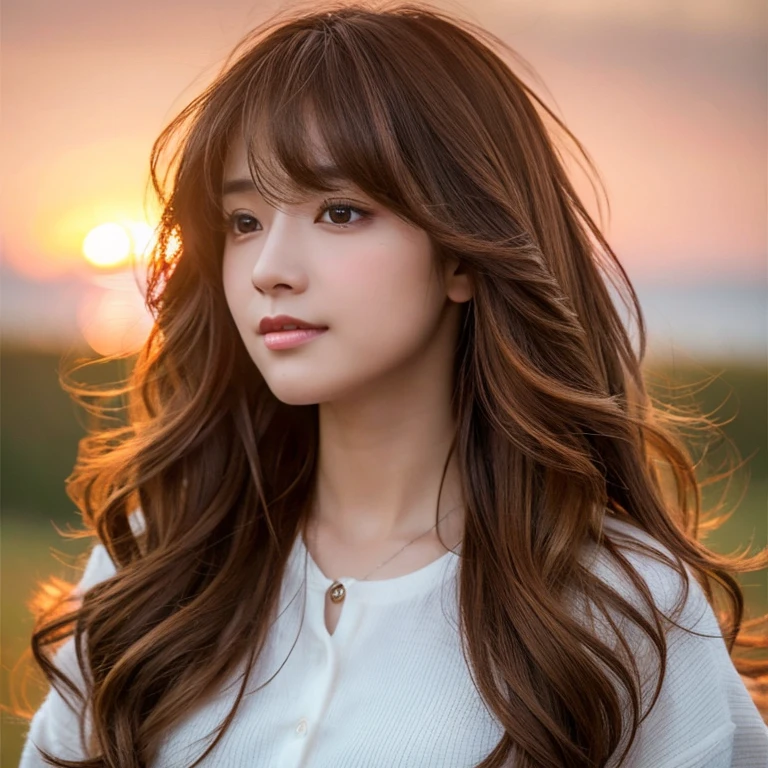 Ultra HD、Perfect photo、1 female、sunset、wavy high shear hair、Wolf Hair、