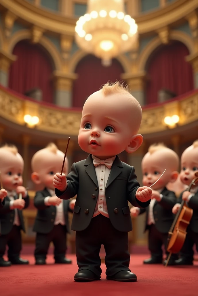 A newborn baby dressed as a real orchestra player, and behind him are newborn babies playing flutes, violins and drums inside a large hall, just like in real life.