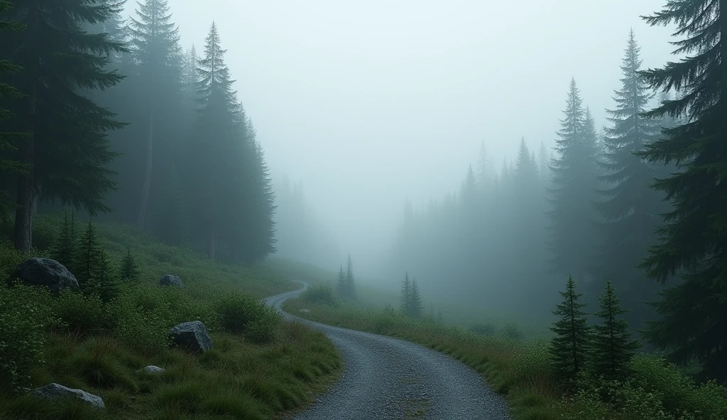 Misty high forest scenery, trail, small gravel trail, misty forest, dark misty forest background, gray forest background, dark pine trees, forested, soft forest background, gray forest in the background, misty forest scene, vast forest, photo nebula 8k, Dark fog colors