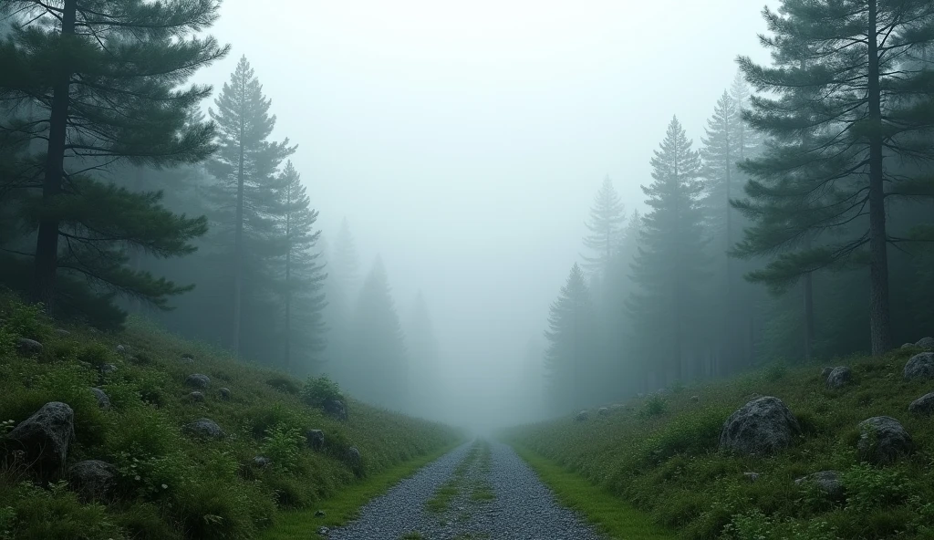 Misty high forest scenery, trail, small gravel trail, misty forest, dark misty forest background, gray forest background, dark pine trees, forested, soft forest background, gray forest in the background, misty forest scene, vast forest, photo nebula 8k, Dark fog colors