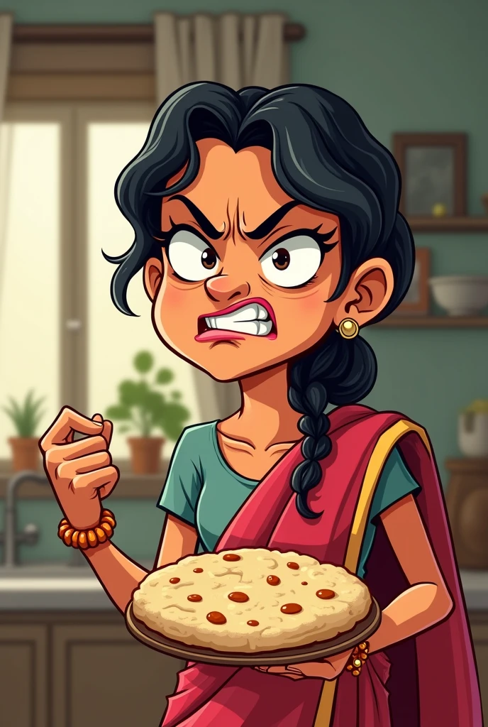 A cartoonist AI image of wife in the style of angry face with the background of her house room and in her hand dinner chapati is take