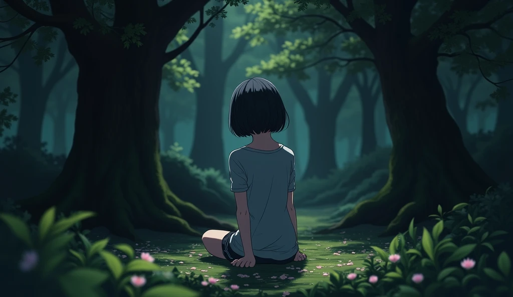 a girl with black short hair, sitting in an enchanted forest, we see her back, In the style of Makoto Shinkai。master piece, ultra detail, precision, ultra-realistic,