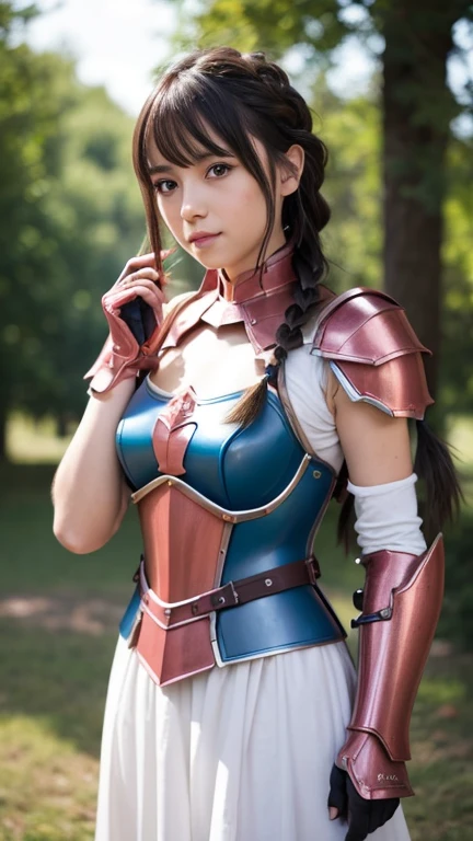 Lapisfe, One person, alone, View your viewers, blush, bangs, gloves, Upper Body, Braiding, hair band, Outdoor, Lips parted, null, Day, Raise your hand, Pink Eyes, armor, wood, Covered navel, Blurred Background, I put my hands on my small chest, shoulder armor, side Braiding, breastplate, red armor