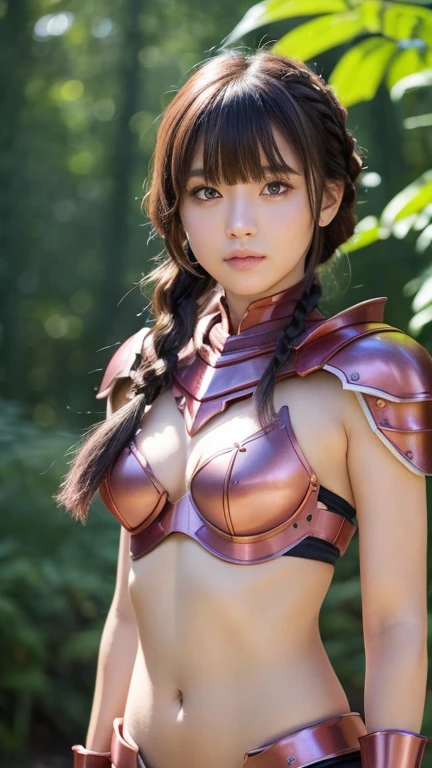 Lapisfe, One person, alone, View your viewers, blush, bangs, gloves, Upper Body, Braiding, hair band, Outdoor, Lips parted, null, Day, Raise your hand, Pink Eyes, armor, wood, Covered navel, Blurred Background, I put my hands on my small chest, shoulder armor, side Braiding, breastplate, red armor