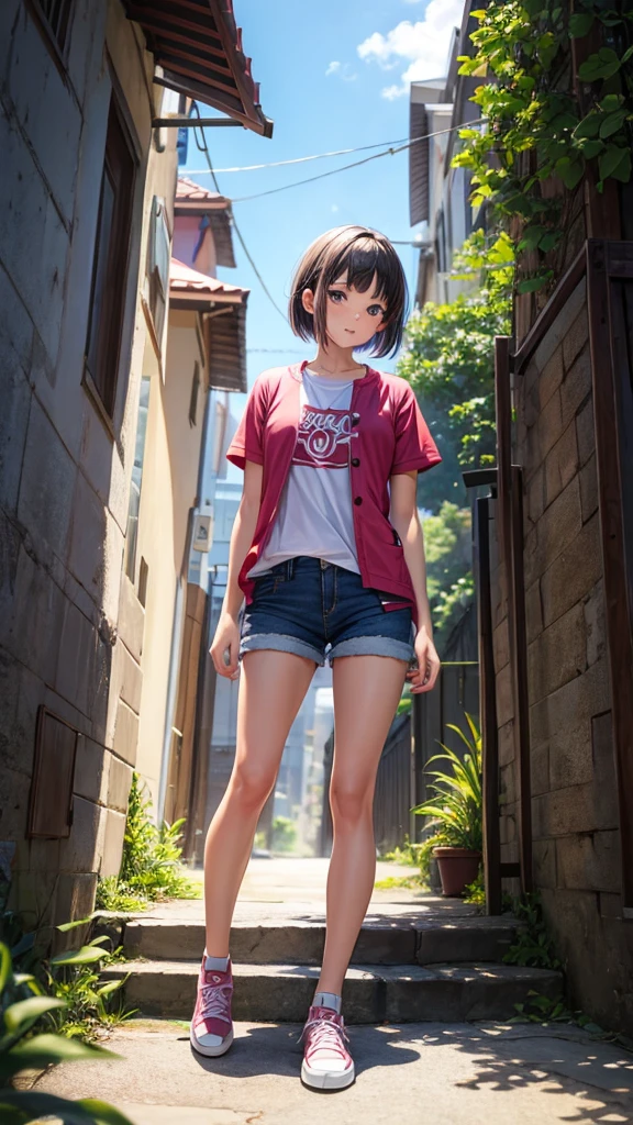 masterpiece, top quality, absurdity, perfect anatomy, one girl, solo, inaba tewi, short hair, black hair, red eyes,t-shirt, denim shorts, knee-high sneakers under shorts, sitting, stairs, from the side,