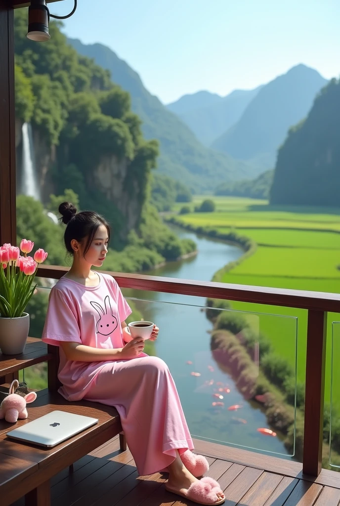 Beautiful Thai girl, smooth white skin, well-groomed face, black hair tied up, pink rabbit bundo, long pink t-shirt, big rabbit motif, long pink jamsuit pants, pink furry rabbit shaped sandals, posed sitting on the balcony of a luxury villa , while holding hot coffee, on the table there is a pot of pink tulips, and an iPhone laptop, the view is visible from above, very beautiful exotic countryside, bright blue sky, fertile rice fields, towering mountains and waterfalls, left side To the right of the villa, you can see the river water flowing clearly, there are fish swimming.. The original photo is realistic..