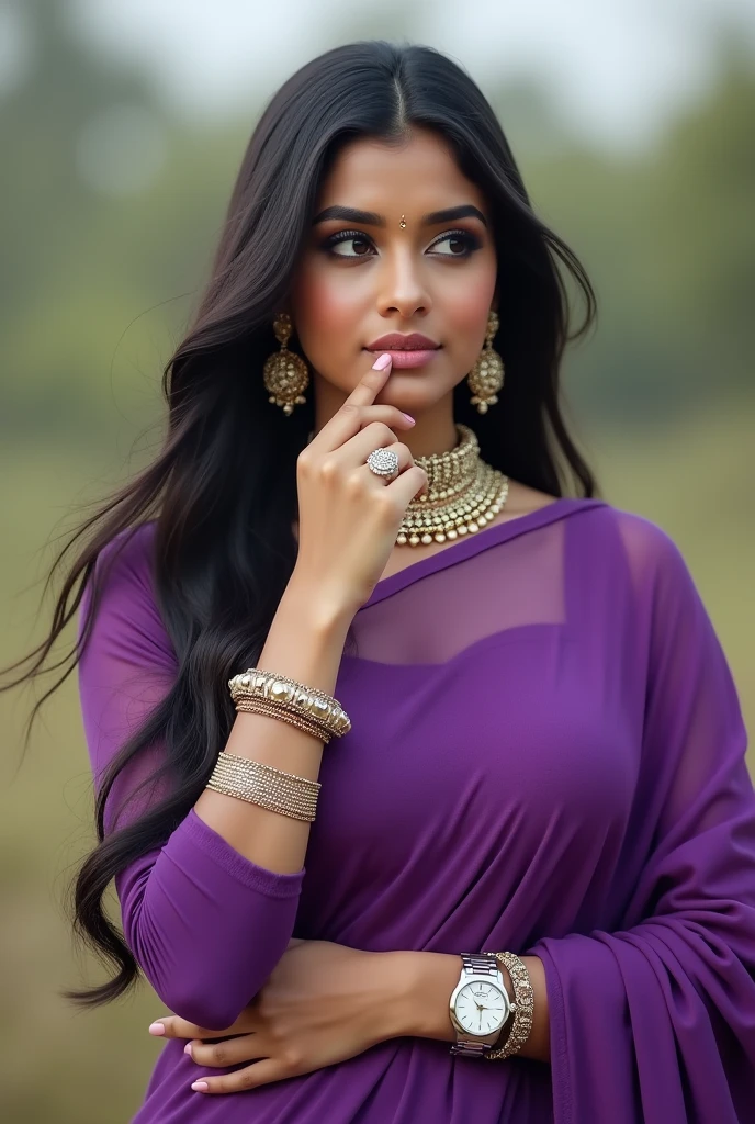 Saree, 1girl, solo, long hair, black hair, long sleeve blouse, traditional, dress, jewelry, earrings, outdoors, blurry, looking to the side, purple dress, realistic, gloves, white rolex watch on left hand