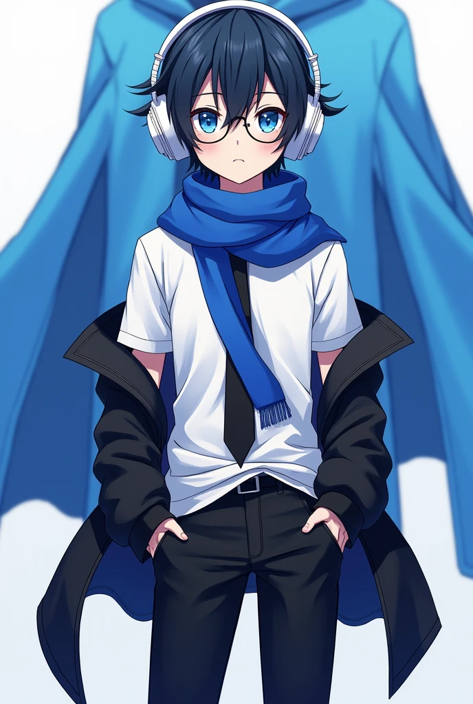 100 feet,white tshirt,black small mini coat wearing,big white headphone,blue eyes,anime,black shoes,black pants,circle round glass,age 23,blue colour maflar,in back a blue cloak,black tie,boy