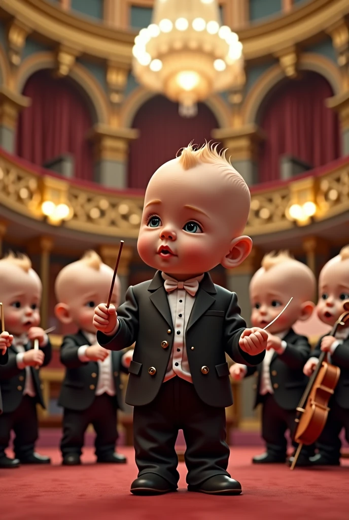 A  dressed as a real orchestra player, and behind him are newborn babites, violins and drums inside a large hall, just like in real life. 